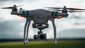 A drone flying over a green field under a dramatic cloudy sky, showcasing technology in nature.
