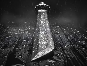 katana, samurai, sword, japanese, blade, raindrops, steel, craftsmanship, damascus, edge, weapon, close-up, detail, precision, art, nature, tradition, water, wet, metallic, handle, warrior, ancient, culture, design, rain, ai generated