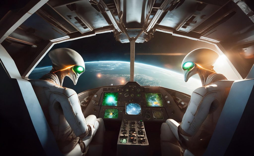 spaceship, cockpit, alien, pilot, flying, arrival, earth, space, night, light, ai generated